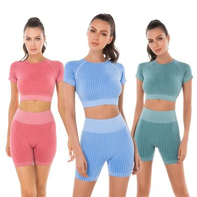 China Breathable Yoga Set Gym Wear Fitness Clothing Shorts Seamless Sleeve With Shorts Gym Workout Set Women Fit OEM ODM Fitness Custom for sale