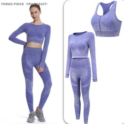 China 2021 Autumn Wholesale Yoga Seamless Women's Fitness Sets Seamless Mesh Sportswear Workout Clothing 3PCS for sale