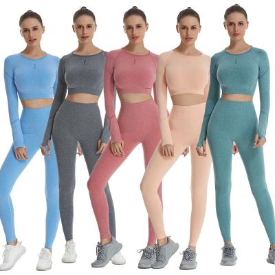 China 2pcs Womens Yoga Set Sport Suit Gymwear Breathable Seamless Workout Clothes Gym Crop Top Long Sleeve High Waist Leggings Fitness Sports Wear for sale