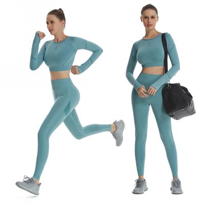 China Breathable Women Long Sleeves Yoga Set Crop Top And Yoga Leggings Sets Seamless Sports Suit Two Piece Sportswear For Workout for sale