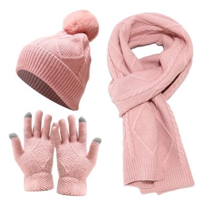 China Wholesale Touch Screen Warm Winter Hat Windproof Graphic Knitted Beanie With Pom And Scarf And Touch Screen Gloves Set for sale