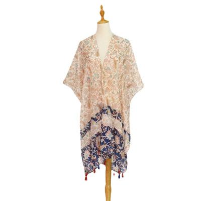 China 100%Polyester Women Summer Paisley Flower Print Tassel Beach Poncho Smooth Custom Shawls for sale