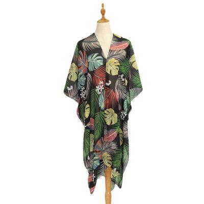 China Polyester Smooth Voile Women Fashion Leaf Print Summer Shawl Lightweight Beach Poncho for sale