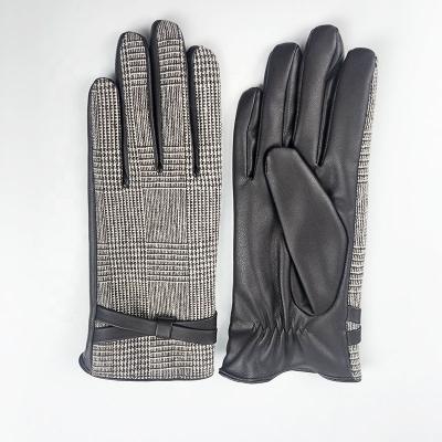 China Check Fashion Half PU Polyester Wool Check Plaid Leather Half Gloves For Women Winter Gloves for sale