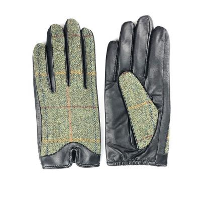 China Woolen Cloth Winter Palm Hand Back Check Plaid Pattern Cloth Leather Gloves For Women for sale