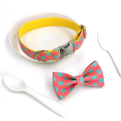 China Fashion Pattern Personalized Pink Printing Polka Dots Dog Cat Collar and Leash with Bowtie Lettering Pet Polyester for sale