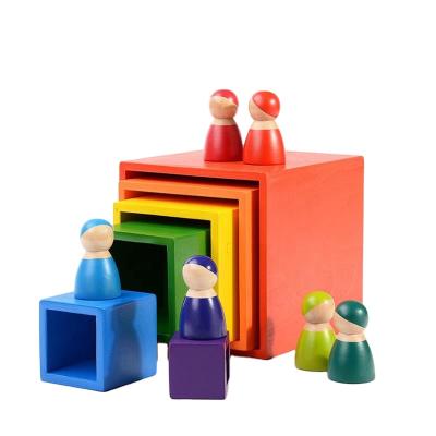 China Eco-friendly Material Wooden 6Pcs Rainbow Blocks Kid Wooden Puzzle Building Blocks Rainbow Montessori Toy Stacking Set for sale