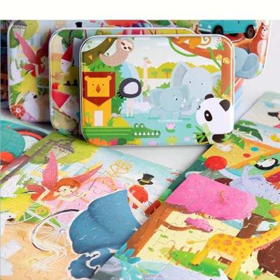 China New Non-Toxic 120 Pieces Princess Animal Travel Game Wooden Educational Cartoon Toys Puzzle Puzzles Kids Christmas Gift With Iron Box for sale