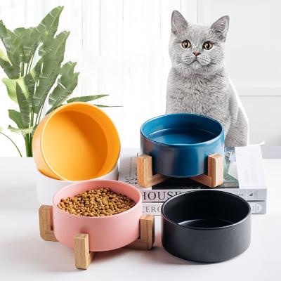 China Wholesale Home Decoration Dog Bowl Non Tangled Non Slip Elevated Ceramic Pet Bowl With Wooden Stand Custom for sale