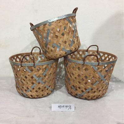 China Sustainable Handmade Bamboo Flower Baskets Vegetable Storage Basket With Two Handles Set Of 3 for sale