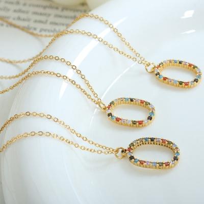 China New Arrival Vintage Full Colored Zircon Paved Necklace Stainless Steel Oval Hollow Pendant Necklace for sale