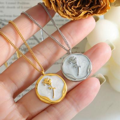 China Vintage Stainless Steel Enamel Rose Necklace Gift 18k White Gold Plated Enamel Flower Pendant Necklace for sale