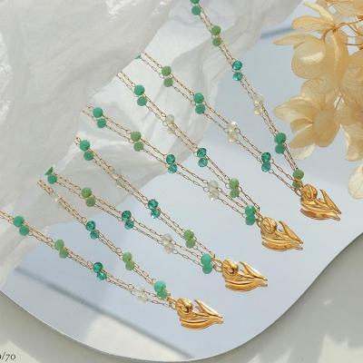 China Charming Green Tulip Flower Choker Beaded Chain Tulip Pendant Necklace For Girls Vintage Stainless Steel Bead for sale