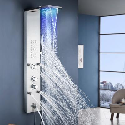 China With Sliding Bar Led Thermostatic Shower Panel Bathroom Faucet Stainless Steel Waterfall Shower Panel Wall Mounted Tower for sale