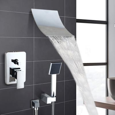 China Slide Bar Waterfall Shower Set In Stainless Steel Faucet Wall Mounted Bathroom Taps Brass Kits Rainfall Showerset Mixer Faucet Set for sale