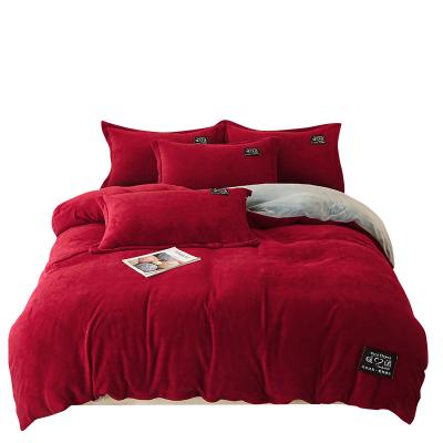 China Bargain Price Gray Classic Color Matching Woolly Duvet Cover Milk Wool Bedding Set Nondisposable Red for sale