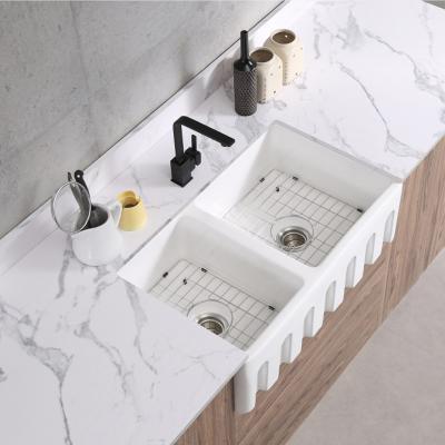 China Without Faucet American Style Apron Ceramic Kitchen Sink Farmhouse Basin Counter Double Front Basin For Amazon for sale