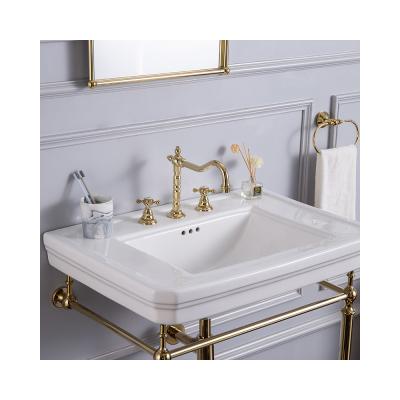 China Hot Selling Faucets Double Handle 3 Faucet Hole Brass Body Metered Hybrid Faucet Bathroom Faucet for sale