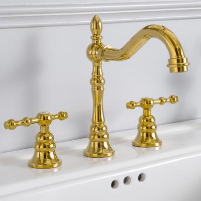 China Metered Faucets Mixer Tap Traditional Style Double Handle 3 Holes Bathroom Basin Brass Faucet Running Tap for sale