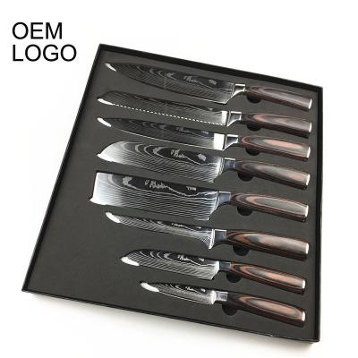 China Viable Professional Meat 8 Knife OEM Logo Amazon Factory Set Wood Handles Stainless Steel Damascus Laser Chefs Kitchen Knives for sale