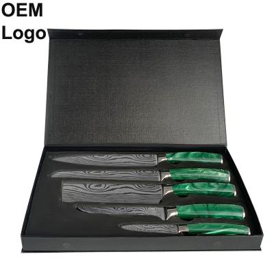 China OEM Workable Custom Logo Manufacturers Comercial Laser Damascus Stainless Steel 5pcs Knives Set With Gift Box Chef Kitchen Knife Sets for sale