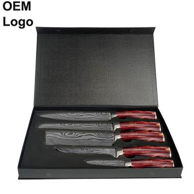 China Hot Selling Amazon Logo Laser Damascus Stainless Steel Kitchen Chef Viable Custom Professional Santoku Knife Set Serving Kitchen Knives for sale