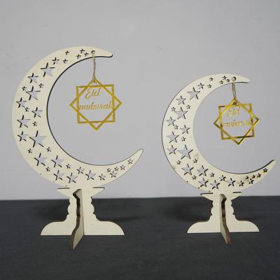 China RAMADAN Eid Party Decoration Wood Ornaments moon shape and star hollow out Eid Mubarak Desktop Wooden Decor for sale