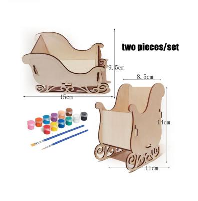 China Europe High Quality 2pcs/set Customize Laser Cut Hand Painted Wooden DIY Sleighs Christmas Decor Craft With Brush And Paints for sale