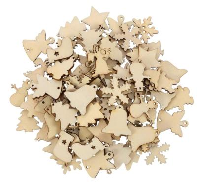 China Europe 50 Pieces Customize Unfinished Wooden Cutouts Christmas Decorations Hanging Ornaments For Christmas Tree Hanging for sale