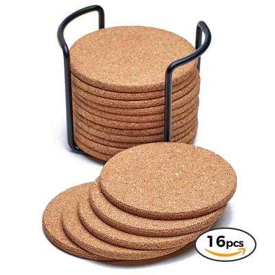 China 16Pc Viable Natural White Cork Coasters With Round Edge Set With Metal Stand Storage Cart for sale