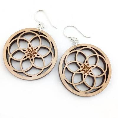 China Vintage Flower of Life Laser Cutting Customizable Wooden Earrings for sale