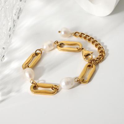 China Casual/Sporty Ins Internet Celebrity Style18k Gold Stainless Steel Shily & Os Bracelet Rectangular Chain Spacer Pearl Bracelet for sale