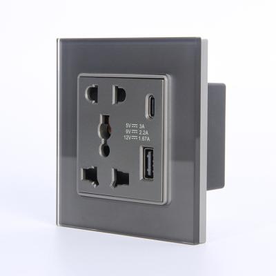 China Universal 5 Pin Socket With 2 USB 2021 Newest Design Convenient Gray Tempered Glass 5 Pin Type + Type C Wall Outlet for sale