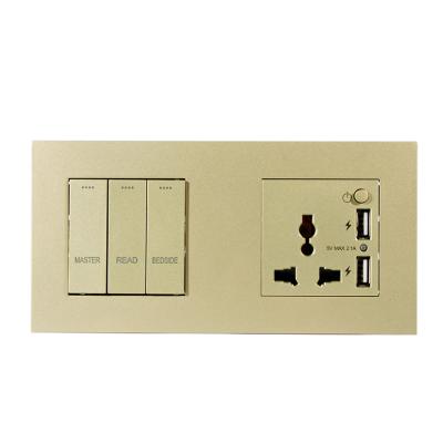 China Champagne Gold Plastic Finish Panel Bedside Plastic Modbus RS485 Panel Switch and Universal 3 Terminal Socket with 2 USB Charging for sale