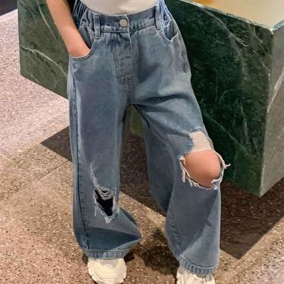 China Color Fade Proof 2021 Autumn Girls 100% Cotton Denim Pants Baby Kids Breeches Cool Hole Spring Summer Jeans for sale