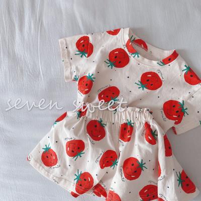 China Fashion Girls Clothing Sets New Summer Casual Style Tomato Print Design Short Sleeve Pants 2Pcs For Kids Clothes for sale