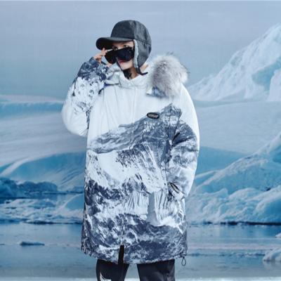 China Process Transfer Iceberg Printing Mid Length Mink Fur Hooded Men's Coats Windproof Detachable Thermal Viable Hat With Hood For Women for sale