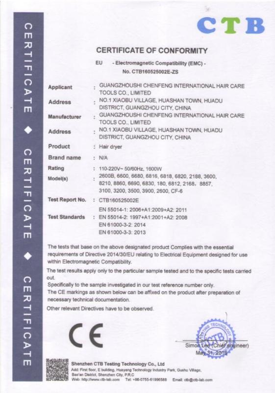 CE - Guangzhou Chenfeng Hairdressing Appliance Co., Ltd.