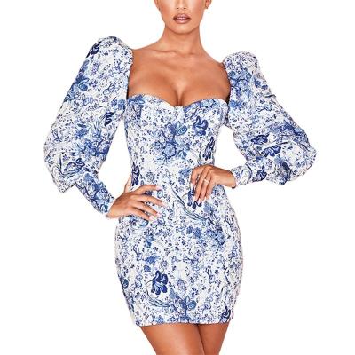 China New Fashion Vestido Print Floral Formal Dress Street Wear Breathable Puffy-Wrapped Evening Dress for sale