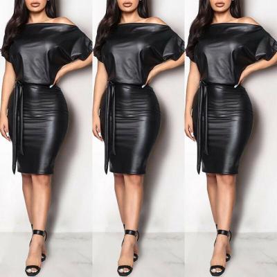 China Anti-Static Casual Dresses Black Asymmetrical Sexy Faux Leather Trim Bodycon Dress Women Summer Sleeve Knee Length Long Pencil for sale