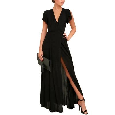 China Summer Anti-static Oversize Dress Ladies Deep V-Neck Solid Color Ladies Dress Long Simple Color Slit For Elegant Women For Obese Ladies for sale