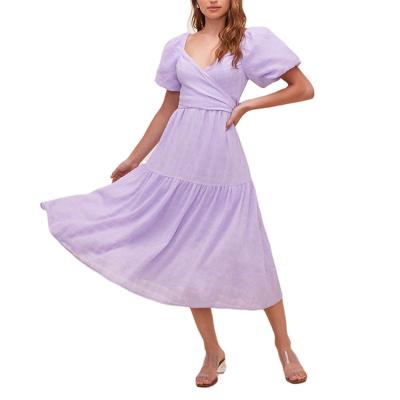 China New 2022 anti-static women's lavender puff sleeve length smoked dress summer tunic stretch sweetheart neck crepe dress for sale