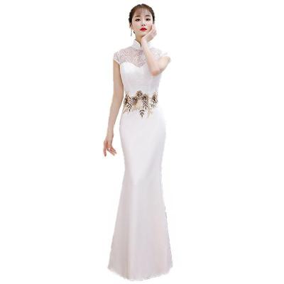 China Youth Girl Cheongsam Banquet Anti-Static Retro Party White Dress Women's Casual Wear Long Fishtail Upgraded Style With 2Pcs for sale