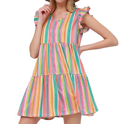 China Wholesale Fashion Apparel Breathable Custom Stripe Printed Sleeveless Casual Summer Ruffled Vocation Short Mini Dress For Girls for sale