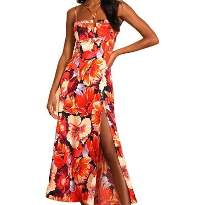 China New 2022 Summer Anti-Static Provocative Floral Dress With Straps Sexy V-Neck Red Custom Long Skirt With Side Slits For Beach Party for sale