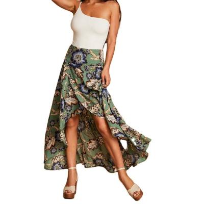 China Retro Long Skirt Women's Elastic Waist Midi Skirt Pleated A Line Floral Anti-Static 2022 Summer Style Drawstring Street Short Skirt for sale