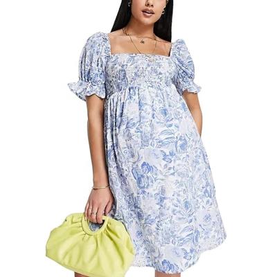 China Anti-Static Floral Tie Dye Women Summer Dresses Square Neck Ruffles Pleated Tops Breath Dress High Waist Women Midi Dresses 2022 New Styles for sale