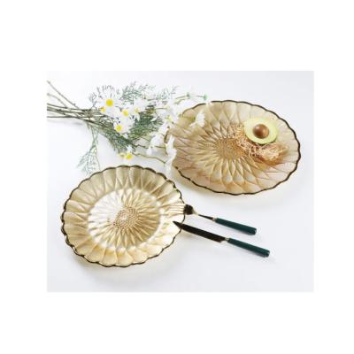 China Art Decor Hotel Restaurant Dinner Under Plate Round Champagne Gold Sunflower Decorative Dish for sale