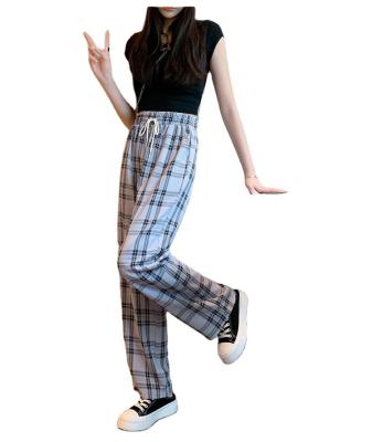 China Summer Plaid Anti-Wrinkle Leg Blue Slim Straight Trousers Ladies Casual Wide Leg Pants For Short for sale