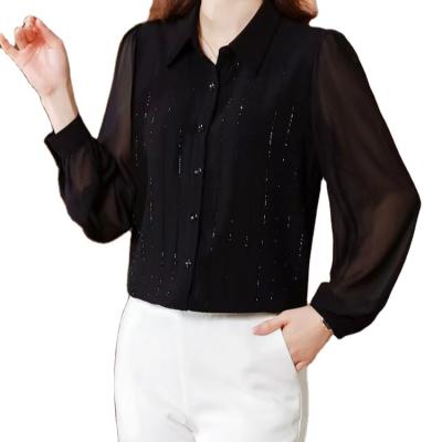 China Fashion Pure Color Anti-Shrink Spring Diamond Long Sleeve Shirt Women's Silk Ironed Shirt Women's Large Size Tops for sale